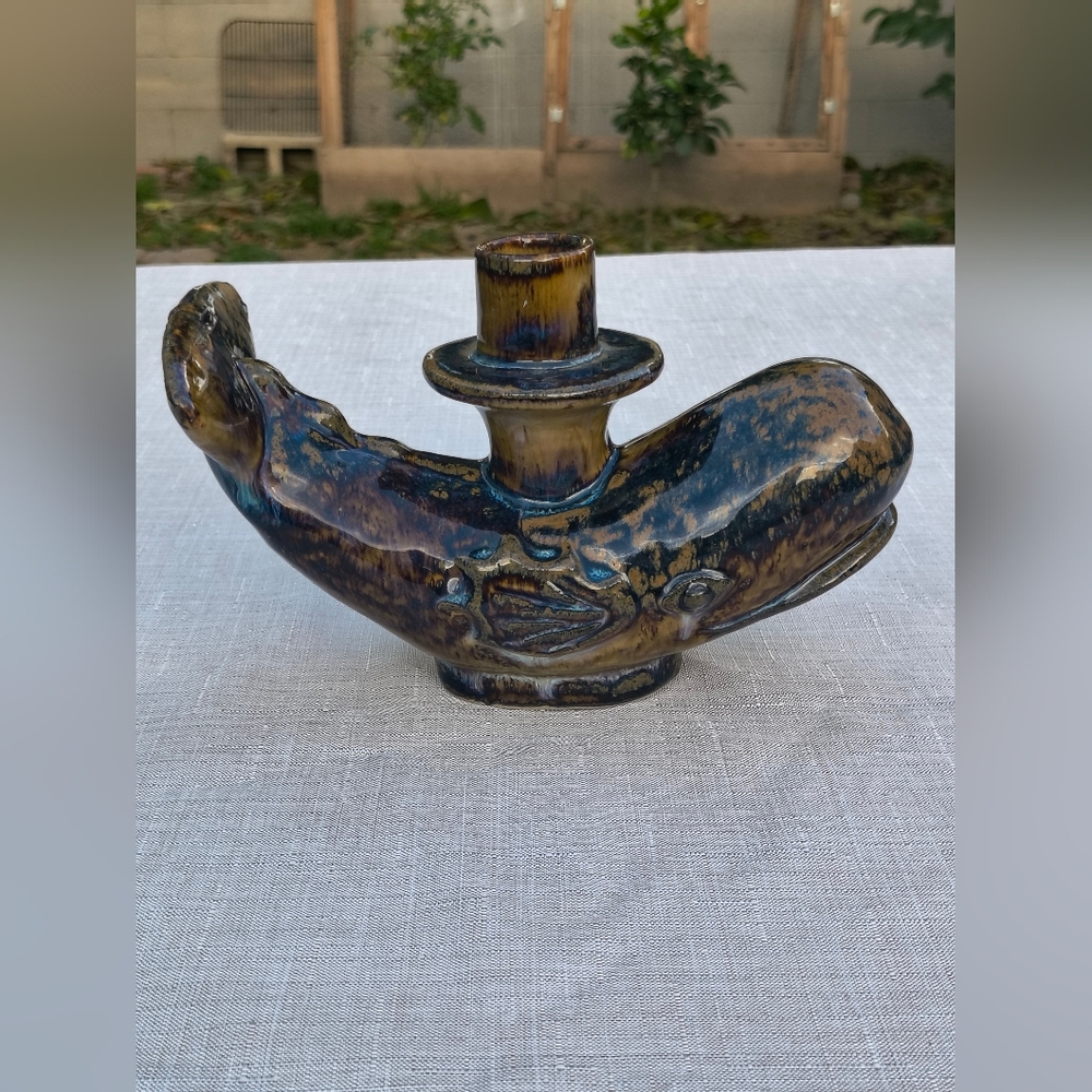 Vintage  Blue Whale Shaped Pottery Glazed Candle Stick Holder